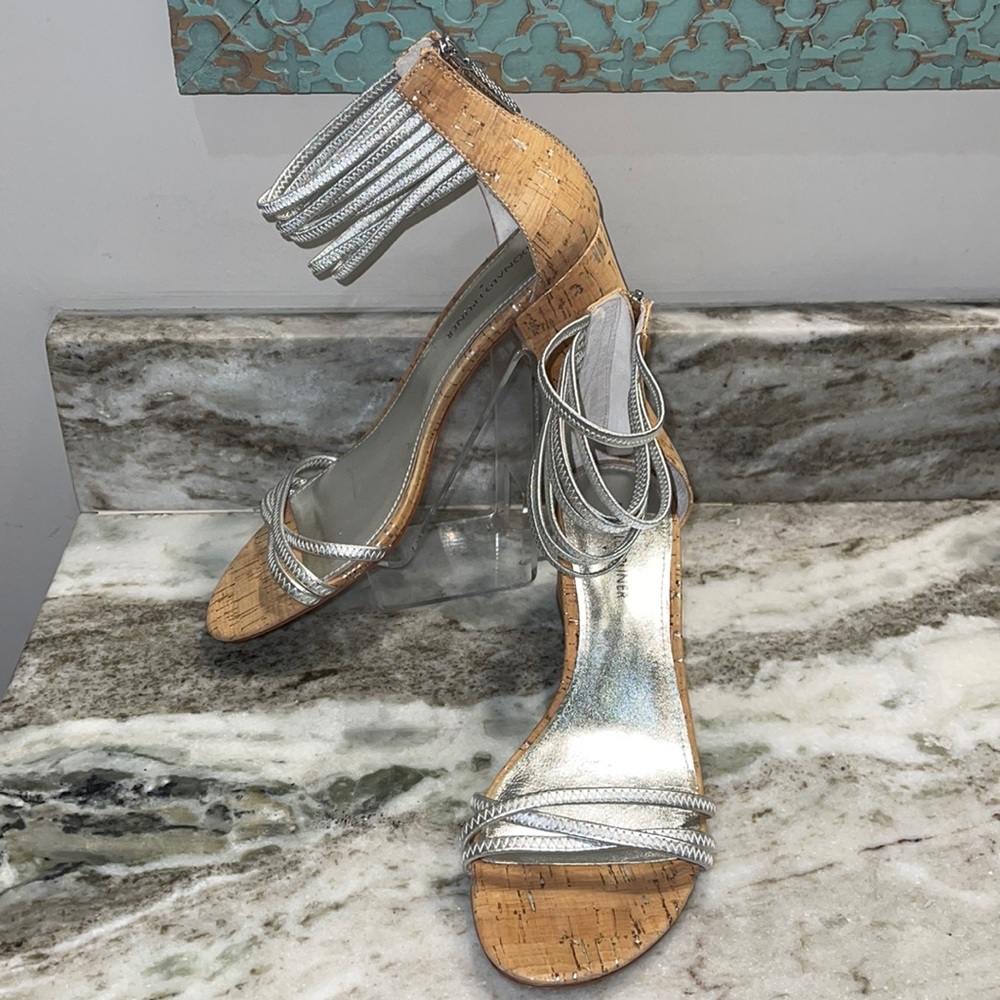 Donald J. Pliner Silver Strappy Cork Block Heel Sandals - Picture 2 of 11